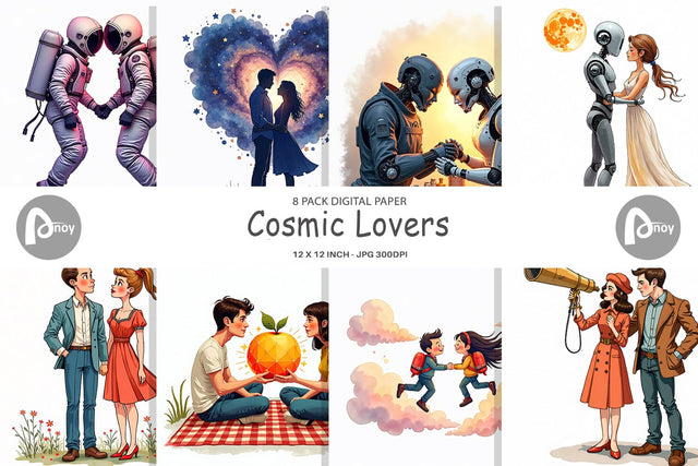 Digital Paper Cosmic Lovers Retro-Futuristic Romance Digital Pattern artnoy 