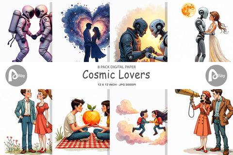 Digital Paper Cosmic Lovers Retro-Futuristic Romance Digital Pattern artnoy 