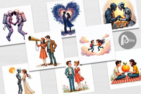 Digital Paper Cosmic Lovers Retro-Futuristic Romance Digital Pattern artnoy 