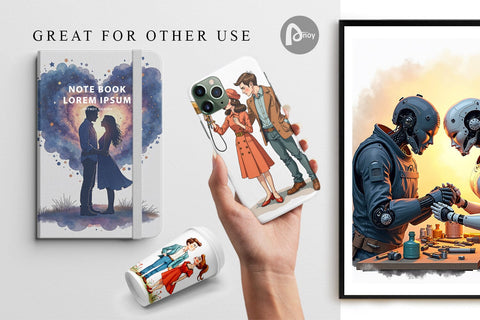 Digital Paper Cosmic Lovers Retro-Futuristic Romance Digital Pattern artnoy 