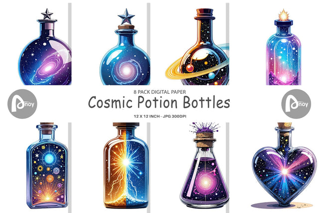 Digital Paper Cosmic Potion Bottles Digital Pattern artnoy 
