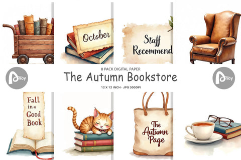 Digital Paper Cozy Autumn Bookstore Digital Pattern artnoy 