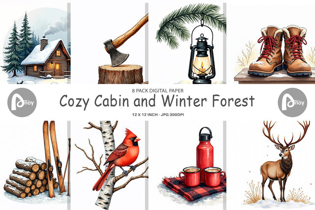 Digital Paper Cozy Cabin and Winter Forest Digital Pattern artnoy 