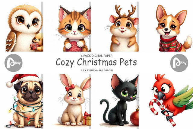 Digital Paper Cozy Christmas Pets Vintage Watercolor Companions Digital Pattern artnoy 