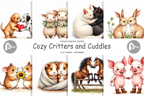 Digital Paper Cozy Critters & Cuddles Watercolor Digital Pattern artnoy 