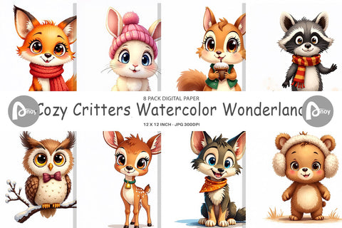 Digital Paper Cozy Critters Watercolor Wonderland Digital Pattern artnoy 