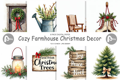 Digital Paper Cozy Farmhouse Christmas Decor Watercolor Digital Pattern artnoy 