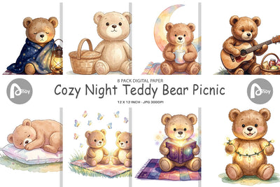 Digital Paper Cozy Night Teddy Bear Picnic Digital Pattern artnoy 