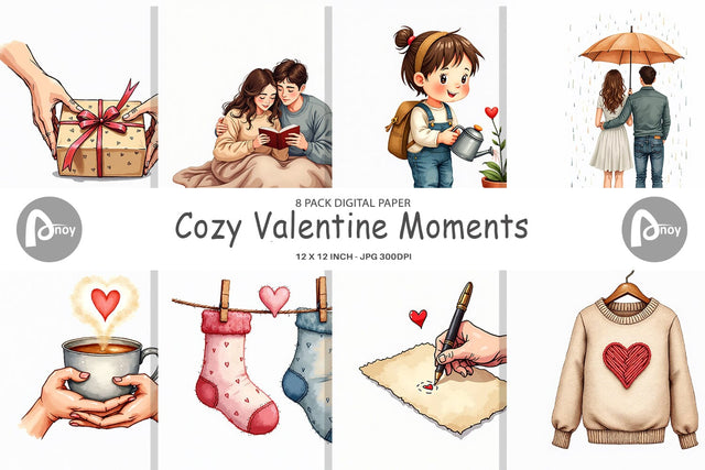 Digital Paper Cozy Valentine Moments Watercolor Illustrations Digital Pattern artnoy 