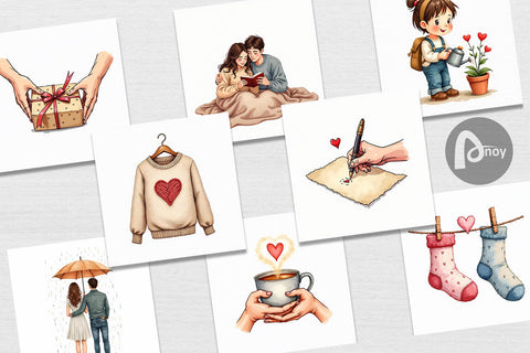 Digital Paper Cozy Valentine Moments Watercolor Illustrations Digital Pattern artnoy 