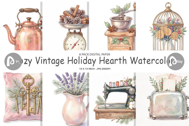 Digital Paper Cozy Vintage Holiday Hearth Watercolor Digital Pattern artnoy 