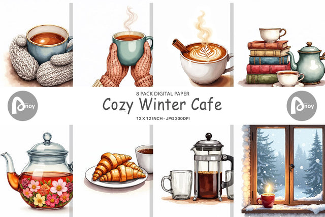 Digital Paper Cozy Winter Cafe Watercolor Digital Pattern artnoy 