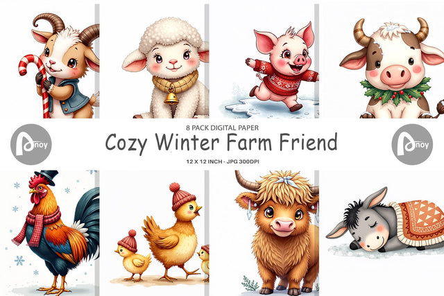 Digital Paper Cozy Winter Farm Friends Watercolor Digital Pattern artnoy 
