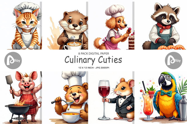 Digital Paper Culinary Cuties Professional Animal Chefs Digital Pattern artnoy 