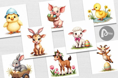 Digital Paper Cute Baby Farm Animals Easter Watercolor Digital Pattern artnoy 