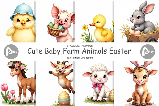 Digital Paper Cute Baby Farm Animals Easter Watercolor Digital Pattern artnoy 