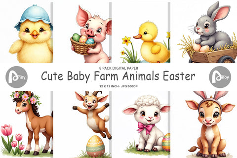 Digital Paper Cute Baby Farm Animals Easter Watercolor Digital Pattern artnoy 