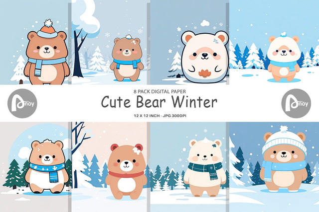 Digital Paper Cute Bear Winter Digital Pattern artnoy 