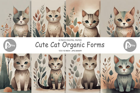 Digital Paper Cute Cat and Organic Forms Digital Pattern artnoy 