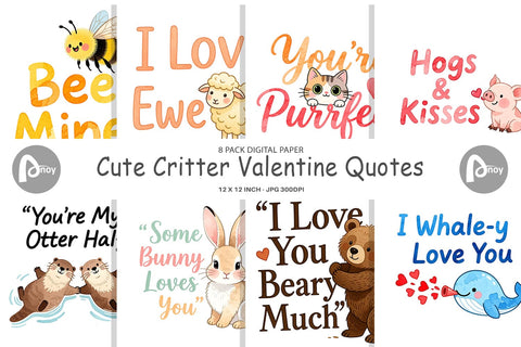 Digital Paper Cute Critter Valentine's Quotes Digital Pattern artnoy 