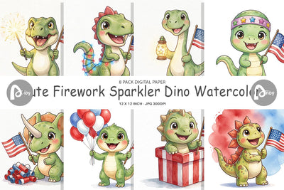 Digital Paper Cute Firework Sparkler Dino Watercolor Digital Pattern artnoy 