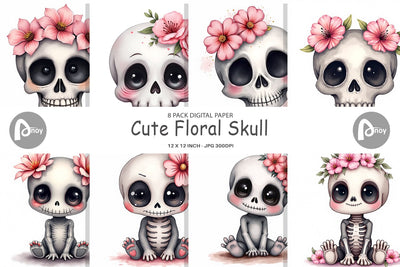 Digital Paper Cute Floral Skull Digital Pattern artnoy 