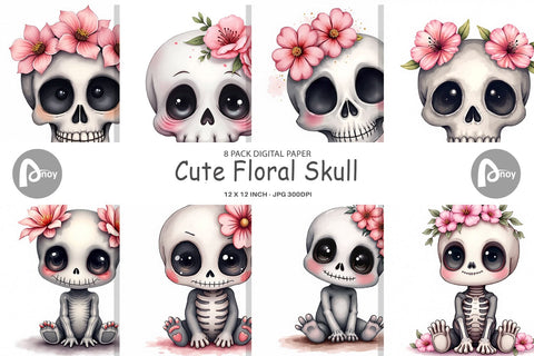 Digital Paper Cute Floral Skull Digital Pattern artnoy 