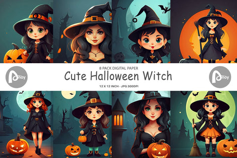 Digital Paper Cute Halloween Witch Digital Pattern artnoy 