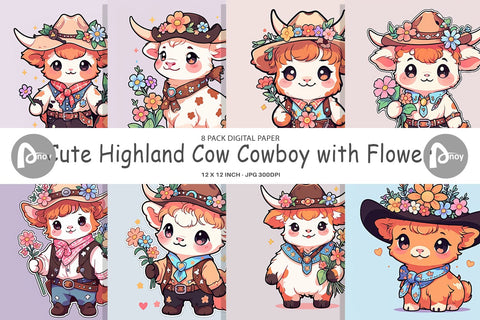 Digital Paper Cute Highland Cow Cowboy Digital Pattern artnoy 