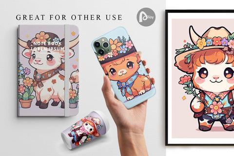 Digital Paper Cute Highland Cow Cowboy Digital Pattern artnoy 