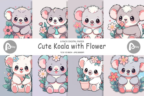 Digital Paper Cute Koala with Flower Digital Pattern artnoy 