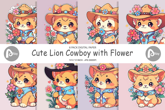 Digital Paper Cute Lion Cowboy Flower Digital Pattern artnoy 