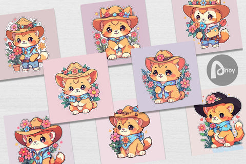 Digital Paper Cute Lion Cowboy Flower Digital Pattern artnoy 