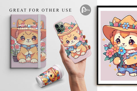 Digital Paper Cute Lion Cowboy Flower Digital Pattern artnoy 