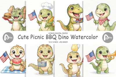 Digital Paper Cute Picnic BBQ Dino Watercolor Digital Pattern artnoy 