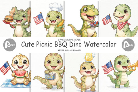 Digital Paper Cute Picnic BBQ Dino Watercolor Digital Pattern artnoy 