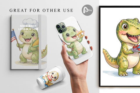 Digital Paper Cute Picnic BBQ Dino Watercolor Digital Pattern artnoy 