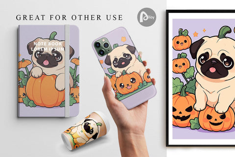 Digital Paper Cute Pug Dog Pumpkin Digital Pattern artnoy 