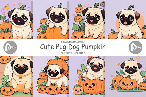 Digital Paper Cute Pug Dog Pumpkin Digital Pattern artnoy 