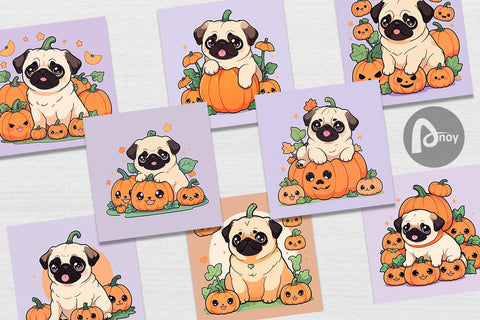 Digital Paper Cute Pug Dog Pumpkin Digital Pattern artnoy 