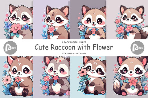 Digital Paper Cute Raccoon with Flower Digital Pattern artnoy 