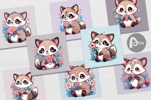 Digital Paper Cute Raccoon with Flower Digital Pattern artnoy 