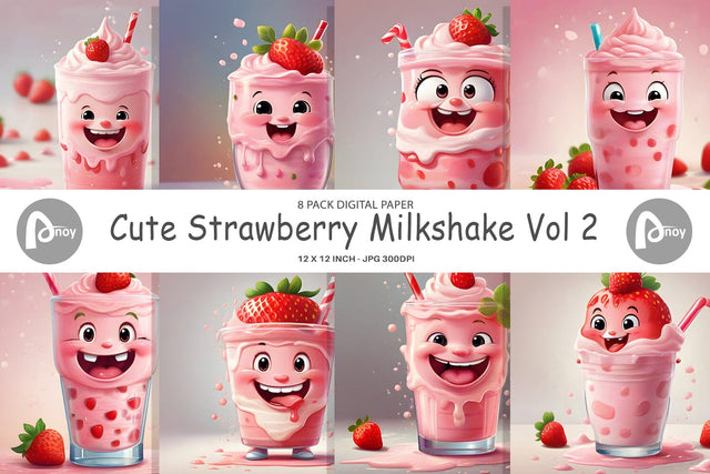Digital Paper Cute Strawberry Milkshake Sublimation artnoy 