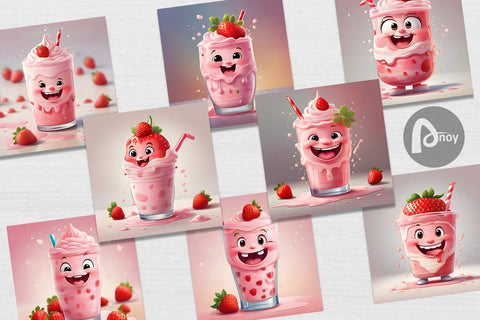 Digital Paper Cute Strawberry Milkshake Sublimation artnoy 