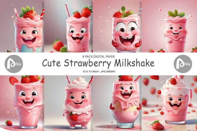 Digital Paper Cute Strawberry Milkshake Sublimation artnoy 
