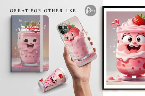 Digital Paper Cute Strawberry Milkshake Sublimation artnoy 