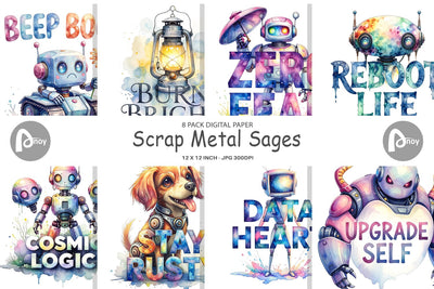 Digital Paper Cute Vintage Robot Quotes Digital Pattern artnoy 