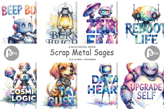 Digital Paper Cute Vintage Robot Quotes Digital Pattern artnoy 
