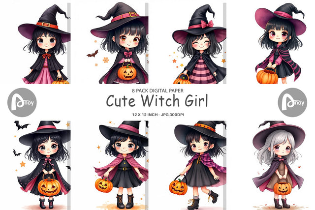 Digital Paper Cute Witch Girl Digital Pattern artnoy 