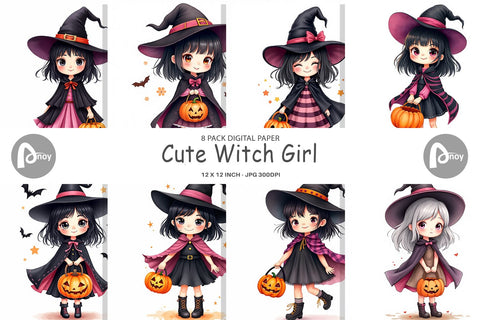 Digital Paper Cute Witch Girl Digital Pattern artnoy 